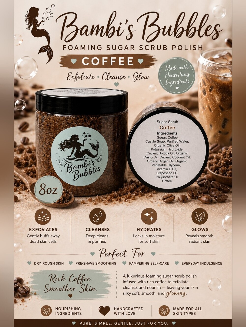 New! 8oz Hand Crafted Coffee Foaming Sugar Scrub Polish